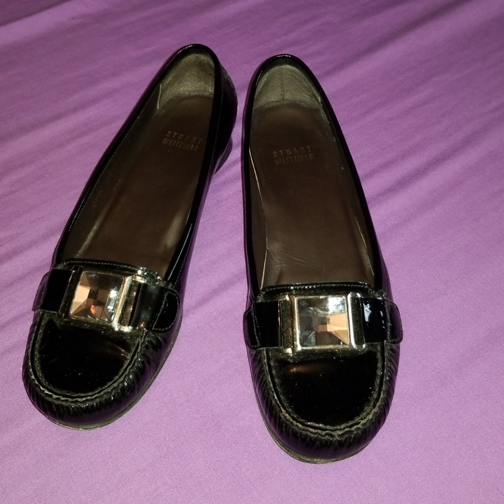 Stewart Weitzman black pattern leather flats Sz 8